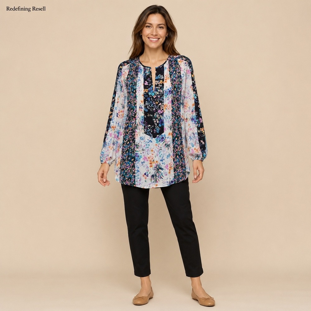 Megan Park Silk Blend Floral Patchwork Tunic Blouse Multicolor Size 2